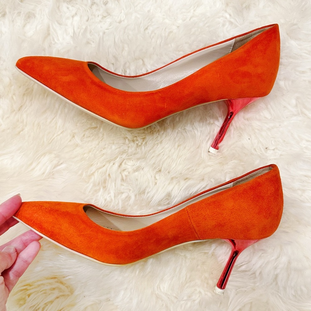 Almost New Condition Italy Ma&Lo Orange Suede Heels with Red Metallic Heel 37